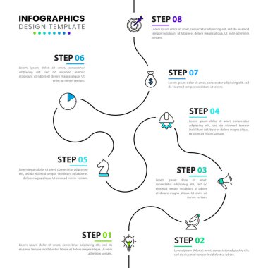 Infographic tasarım şablonu. 8 adımlı zaman çizelgesi konsepti. İş akışı düzeni, diyagram, pankart, web tasarımı için kullanılabilir. Vektör illüstrasyonu