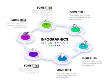 Infographic tasarım şablonu. 6 basamaklı yaratıcı bir kavram. İş akışı düzeni, diyagram, pankart, web tasarımı için kullanılabilir. Vektör illüstrasyonu
