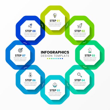 Infographic tasarım şablonu. 8 adımlı yaratıcı bir kavram. İş akışı düzeni, diyagram, pankart, web tasarımı için kullanılabilir. Vektör illüstrasyonu