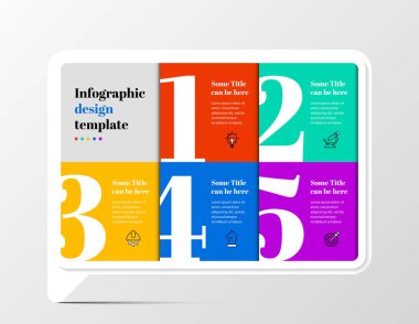 Infographic tasarım şablonu. 5 adımlı yaratıcı bir kavram. İş akışı düzeni, diyagram, pankart, web tasarımı için kullanılabilir. Vektör illüstrasyonu
