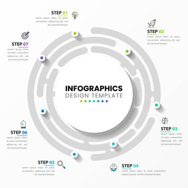 Infographic tasarım şablonu. 7 aşamalı yaratıcı bir kavram. İş akışı düzeni, diyagram, pankart, web tasarımı için kullanılabilir. Vektör illüstrasyonu