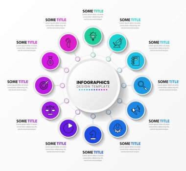 Infographic tasarım şablonu. 12 adımlı yaratıcı bir kavram. İş akışı düzeni, diyagram, pankart, web tasarımı için kullanılabilir. Vektör illüstrasyonu