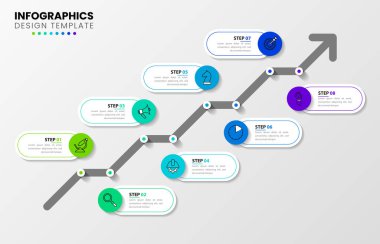 Infographic tasarım şablonu. 8 adımlı yaratıcı bir kavram. İş akışı düzeni, diyagram, pankart, web tasarımı için kullanılabilir. Vektör illüstrasyonu