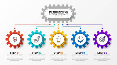 Infographic tasarım şablonu. 5 adımlı yaratıcı bir kavram. İş akışı düzeni, diyagram, pankart, web tasarımı için kullanılabilir. Vektör illüstrasyonu