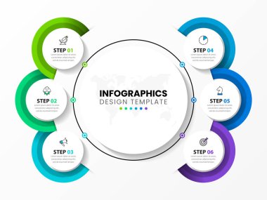 Infographic tasarım şablonu. 6 basamaklı yaratıcı bir kavram. İş akışı düzeni, diyagram, pankart, web tasarımı için kullanılabilir. Vektör illüstrasyonu.