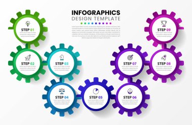 Infographic tasarım şablonu. 9 basamaklı yaratıcı bir kavram. İş akışı düzeni, diyagram, pankart, web tasarımı için kullanılabilir. Vektör illüstrasyonu