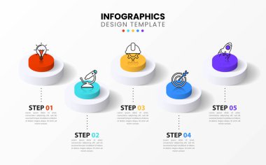 Infographic tasarım şablonu. 5 adımlı yaratıcı bir kavram. İş akışı düzeni, diyagram, pankart, web tasarımı için kullanılabilir. Vektör illüstrasyonu