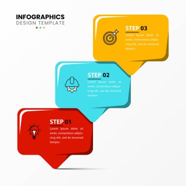 Infographic tasarım şablonu. Üç adımlı yaratıcı bir kavram. İş akışı düzeni, diyagram, pankart, web tasarımı için kullanılabilir. Vektör illüstrasyonu