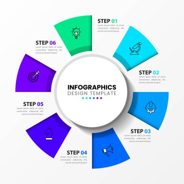 Infographic tasarım şablonu. 6 basamaklı yaratıcı bir kavram. İş akışı düzeni, diyagram, pankart, web tasarımı için kullanılabilir. Vektör illüstrasyonu