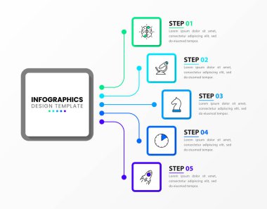Infographic tasarım şablonu. 5 adımlı yaratıcı bir kavram. İş akışı düzeni, diyagram, pankart, web tasarımı için kullanılabilir. Vektör illüstrasyonu