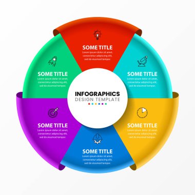 Infographic tasarım şablonu. 6 basamaklı yaratıcı bir kavram. İş akışı düzeni, diyagram, pankart, web tasarımı için kullanılabilir. Vektör illüstrasyonu