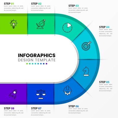 Infographic tasarım şablonu. 8 adımlı yaratıcı bir kavram. İş akışı düzeni, diyagram, pankart, web tasarımı için kullanılabilir. Vektör illüstrasyonu