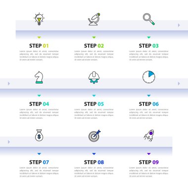 Infographic tasarım şablonu. 9 adımlı zaman çizelgesi konsepti. İş akışı düzeni, diyagram, pankart, web tasarımı için kullanılabilir. Vektör illüstrasyonu