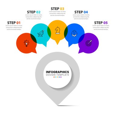 Infographic tasarım şablonu. 5 adımlı yaratıcı bir kavram. İş akışı düzeni, diyagram, pankart, web tasarımı için kullanılabilir. Vektör illüstrasyonu