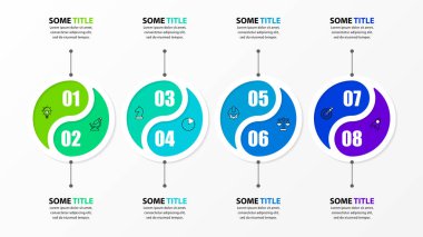 Infographic tasarım şablonu. 8 adımlı yaratıcı bir kavram. İş akışı düzeni, diyagram, pankart, web tasarımı için kullanılabilir. Vektör illüstrasyonu
