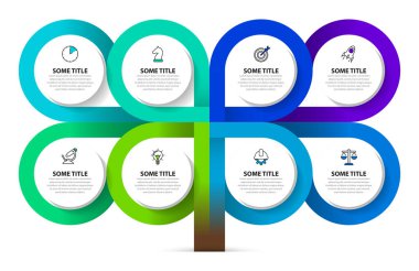 Infographic tasarım şablonu. 8 adımlı yaratıcı bir kavram. İş akışı düzeni, diyagram, pankart, web tasarımı için kullanılabilir. Vektör illüstrasyonu