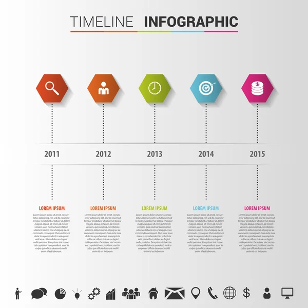 Modello di timeline infografica con poligoni e icone. Vettore — Vettoriale Stock