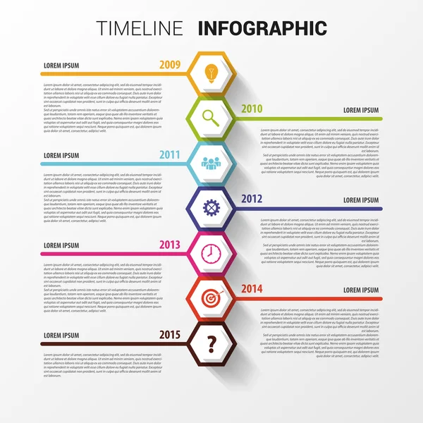 Infographie chronologique. Modèle de conception hexagonale. Vecteur — Image vectorielle