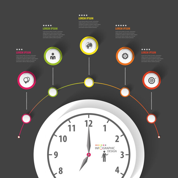 Infographic. Business Clock. Colorful circle with icons. Vector