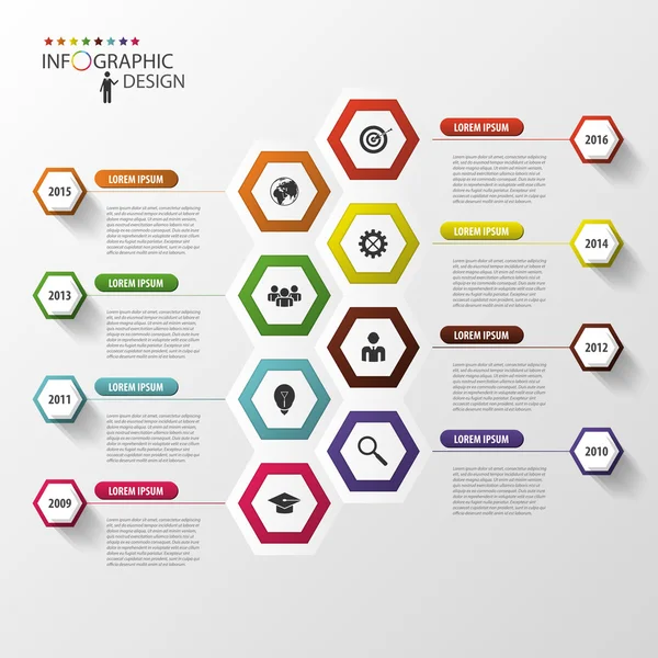 Infografías de línea de tiempo. plantilla de diseño hexagonal. Vector — Archivo Imágenes Vectoriales