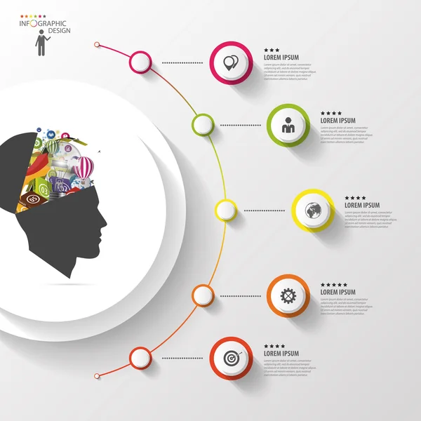 Infografik. kreativer Kopf. bunter Kreis mit Symbolen. Vektor — Stockvektor