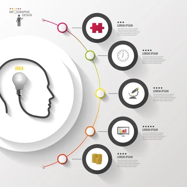 Infografías. Cabeza con bombilla. Círculo colorido moderno con iconos. Vector — Archivo Imágenes Vectoriales