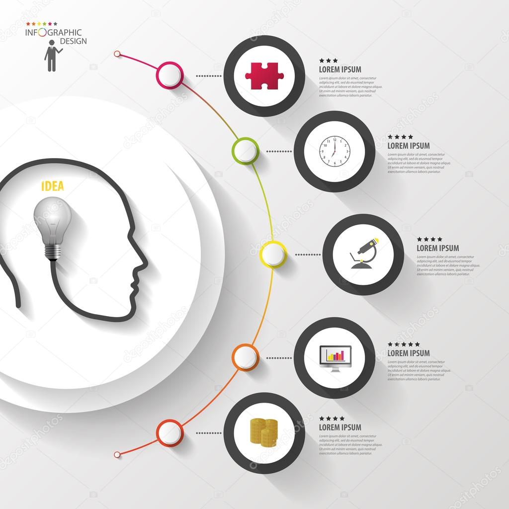 Infographics. Head with bulb. Modern colorful circle with icons. Vector