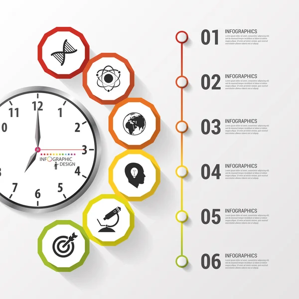 信息图表。业务时钟。带图标的彩色圆圈。矢量图 — 图库矢量图片