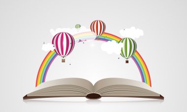 Yaratıcı kavramı - açık kitap ile hava balonu. Vektör çizim