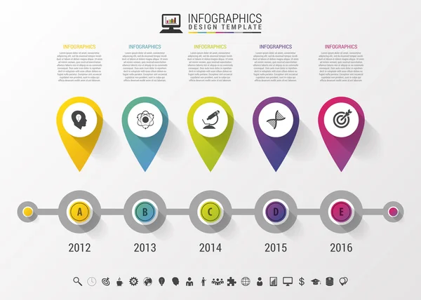 Cronología Infografía con punteros y texto en estilo moderno. plantilla de diseño vectorial — Vector de stock