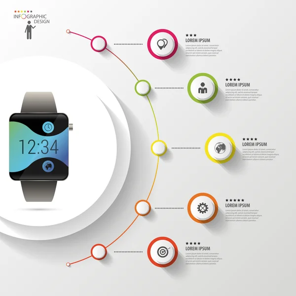 Infografía. Un reloj inteligente. Concepto de negocio. Círculo colorido con iconos. Ilustración vectorial — Archivo Imágenes Vectoriales