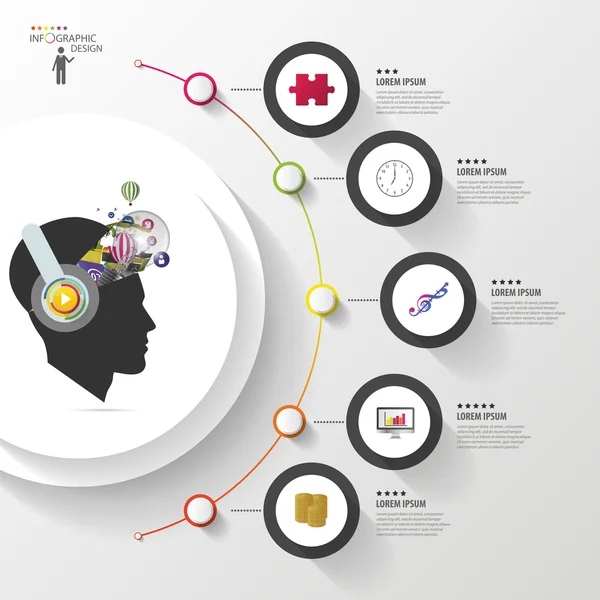 Infográficos. Mente criativa com fones de ouvido. Círculo colorido moderno com ícones. Ilustração vetorial — Vetor de Stock