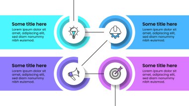Simgeli bilgi şablonu ve 4 seçenek veya adım. Birbirine bağlı halkalar. İş akışı düzeni, diyagram, pankart, web tasarımı için kullanılabilir. Vektör illüstrasyonu