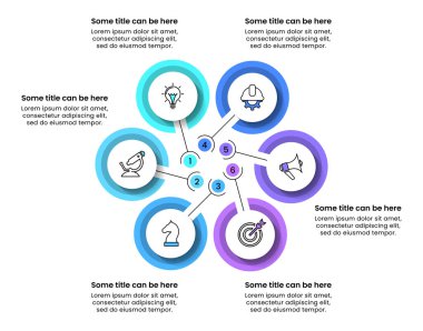 Simgeli ve 6 basamaklı bilgi şablonu. Daireler. İş akışı düzeni, diyagram, pankart, web tasarımı için kullanılabilir. Vektör illüstrasyonu