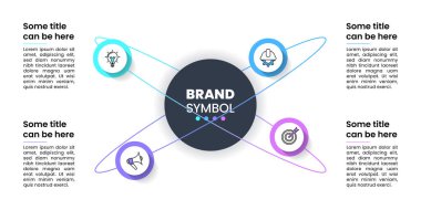 Simgeli bilgi şablonu ve 4 seçenek veya adım. Küre. İş akışı düzeni, diyagram, pankart, web tasarımı için kullanılabilir. Vektör illüstrasyonu