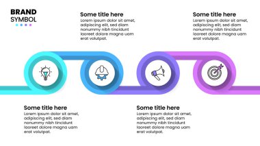 Simgeli bilgi şablonu ve 4 seçenek veya adım. Çizgi. İş akışı düzeni, diyagram, pankart, web tasarımı için kullanılabilir. Vektör illüstrasyonu