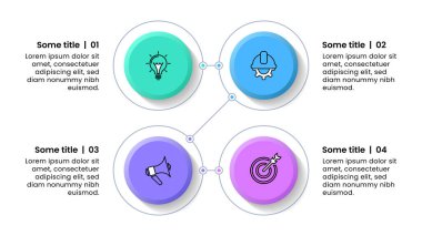 Simgeli bilgi şablonu ve 4 seçenek veya adım. Birbirine bağlı halkalar. İş akışı düzeni, diyagram, pankart, web tasarımı için kullanılabilir. Vektör illüstrasyonu