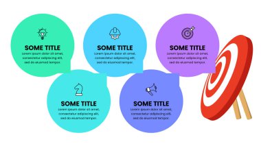 Simgeli bilgi şablonu ve 5 seçenek veya adım. Dartboard. İş akışı düzeni, diyagram, pankart, web tasarımı için kullanılabilir. Vektör illüstrasyonu