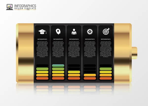 Gouden batterij met infographic elementen. Moderne ontwerpsjabloon. Vector — Stockvector
