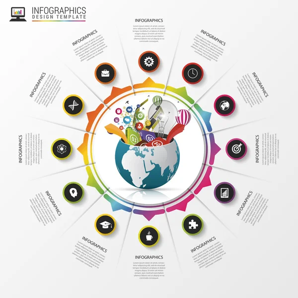 Modèle de conception d'infographie. Monde créatif. Cercle coloré avec icônes. Vecteur — Image vectorielle