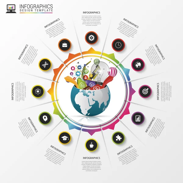 Infographic 디자인 서식 파일입니다. 크리에이 티브 세계입니다. 아이콘으로 화려한 원입니다. 벡터 — 스톡 벡터