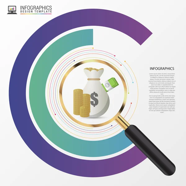 Analiza inwestycji projekt graficzny koncepcja z lupą. Wektor — Wektor stockowy