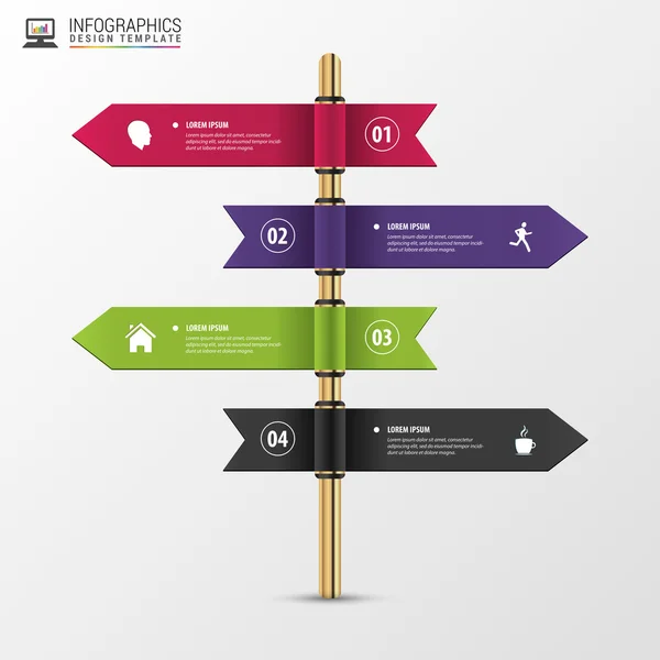 Modèle d'infographie de pointeurs multidirectionnels sur un panneau indicateur — Image vectorielle