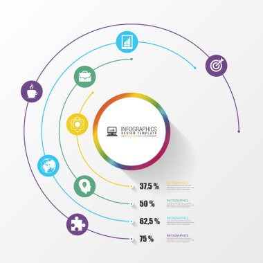 Dairesel şık çok renkli yuvarlak yüzde doğrultusunda 4 adım. Infographics. Vektör