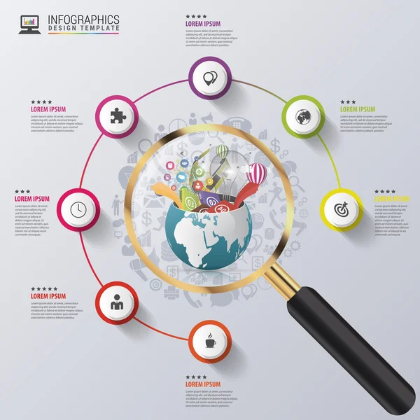 Plantilla de diseño infográfico. Mundo creativo bajo la lupa — Archivo Imágenes Vectoriales