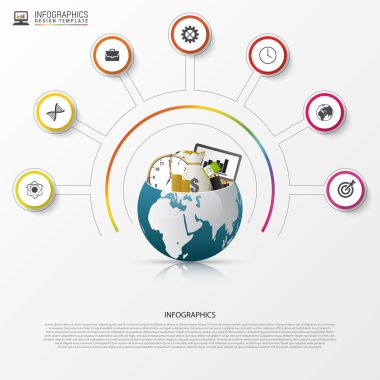 Infographic tasarım şablonu. Yaratıcı dünya. Simgeleri ile renkli daire