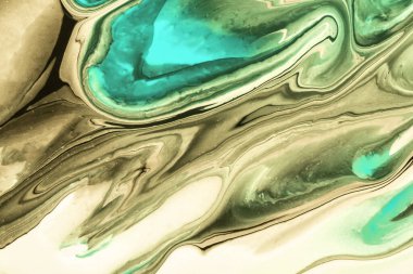 Soyut akışkan sanat arka planı kahverengi ve yeşil renkler. Sıvı mermer. Kırmızı çizgileri ve gradyanı olan akrilik bir tablo. Dalgalı desenli alkol mürekkebi arkaplanı.