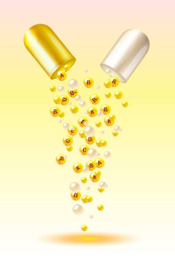 Vitamin moleküllü kapsül hapı. Eczacılık geçmişi. Sağlıklı beslenme arkaplanı