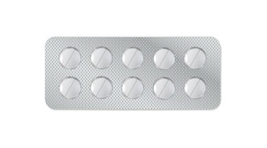 Şeffaf arka planda izole edilmiş bir ilaç paketi. 3 boyutlu illüstrasyon hapı kabarcığı.