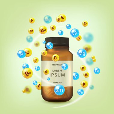 Multivitaminler ve mineraller afişi, broşür tasarımı. Multivitaminler ve mineraller kompleksi.